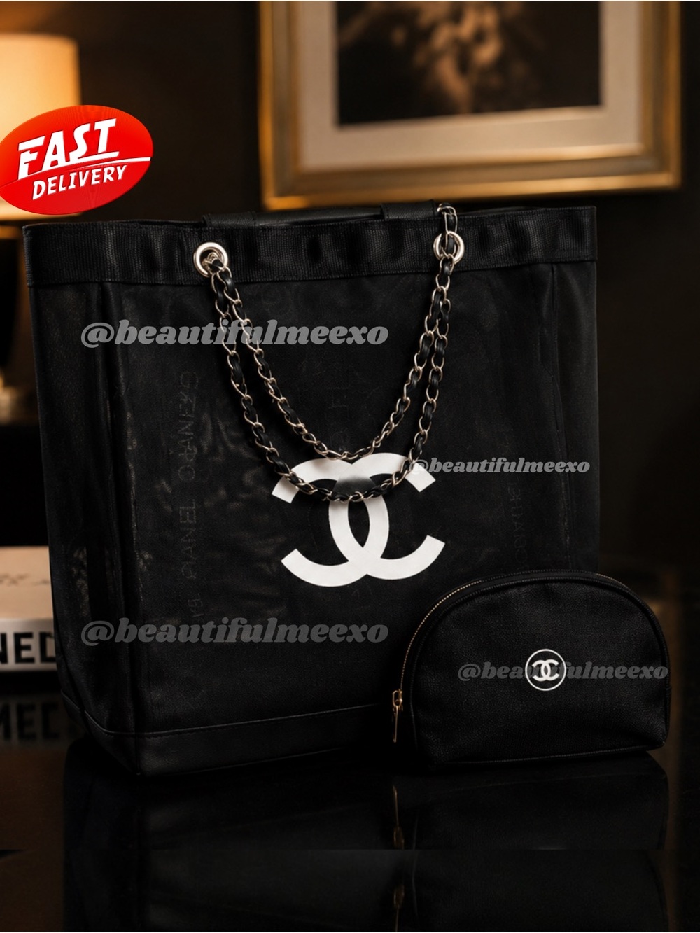 Chanel Black & White Mesh Tote Bag Gold hardware GWP